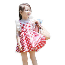 2021夏天女孩童裙 韩国新款飞袖花边格子裙 中小儿童装儿童裙子