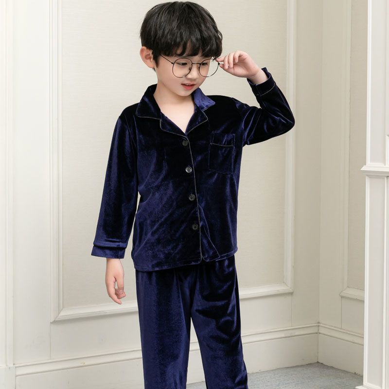Children's Pajamas Spring and Autumn Boys 'And Girls' Pajamas Long-Sleeved Cardigan Gold Velvet Parent-Child Medium Thick Section Homewear Suit Winter
