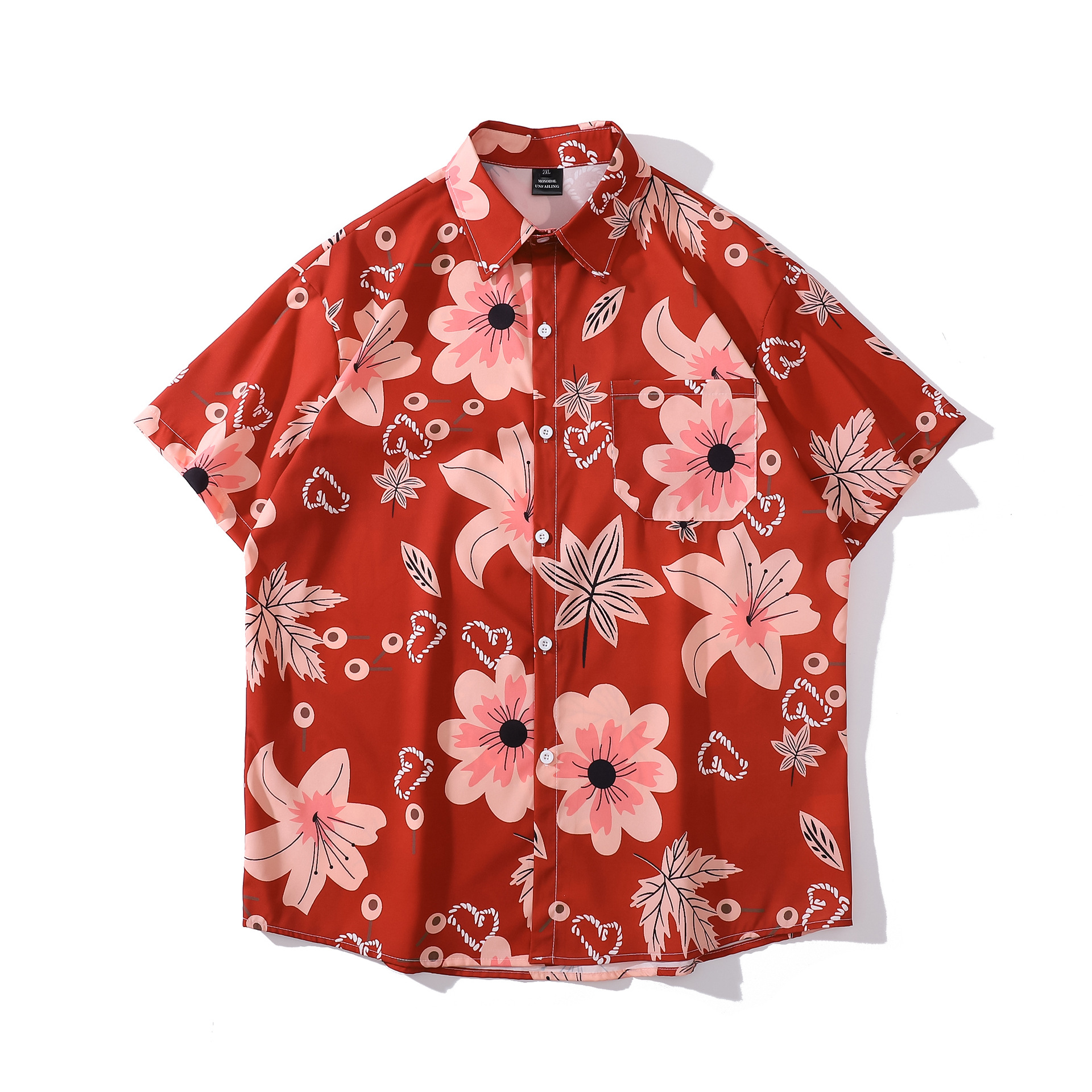新款2022复古花朵满印红色古巴领短袖衬衫男潮牌街头宽松古着衬衣
