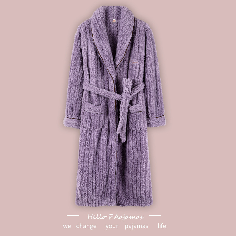 Flannel Nightgown Women's Winter Cardigan Long Sleeve with Waist Rope Keep Warm Pure Color Hotel Bathrobe Home Morning Gowns Pajamas