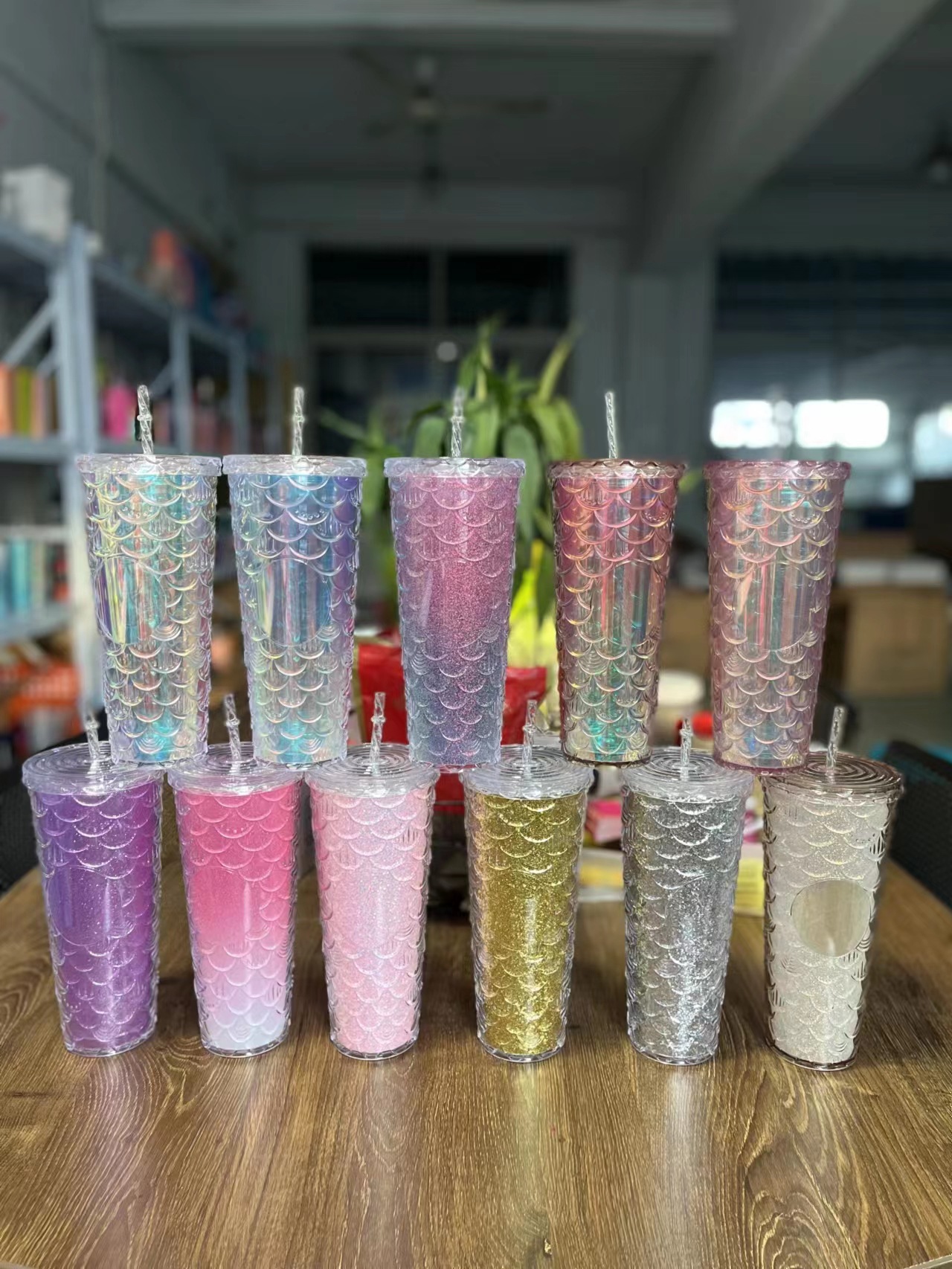 J213 Cross-Border New Arrival Star Dad Same Style Scale Cup Double-Layer Cup with Straw Large Capacity Mermaid Cup Plastic Cup