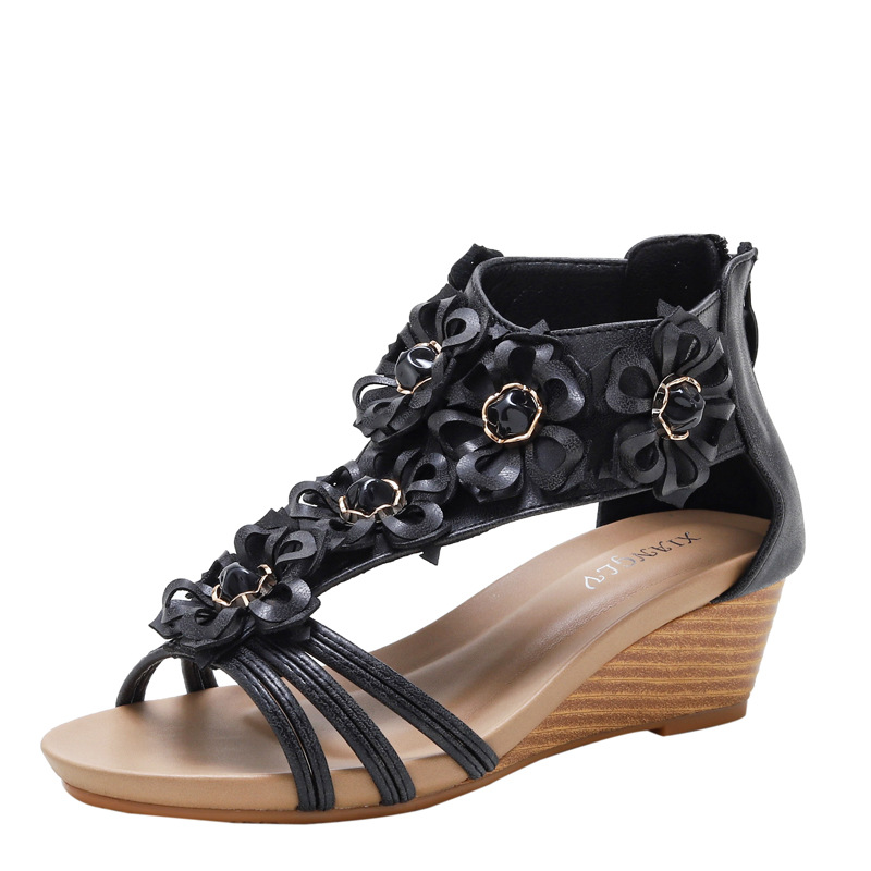 1418-510 Ethnic Style Retro Sandals Women's New Summer Seaside Holiday Flowers Bohemia Wedge Roman Shoes