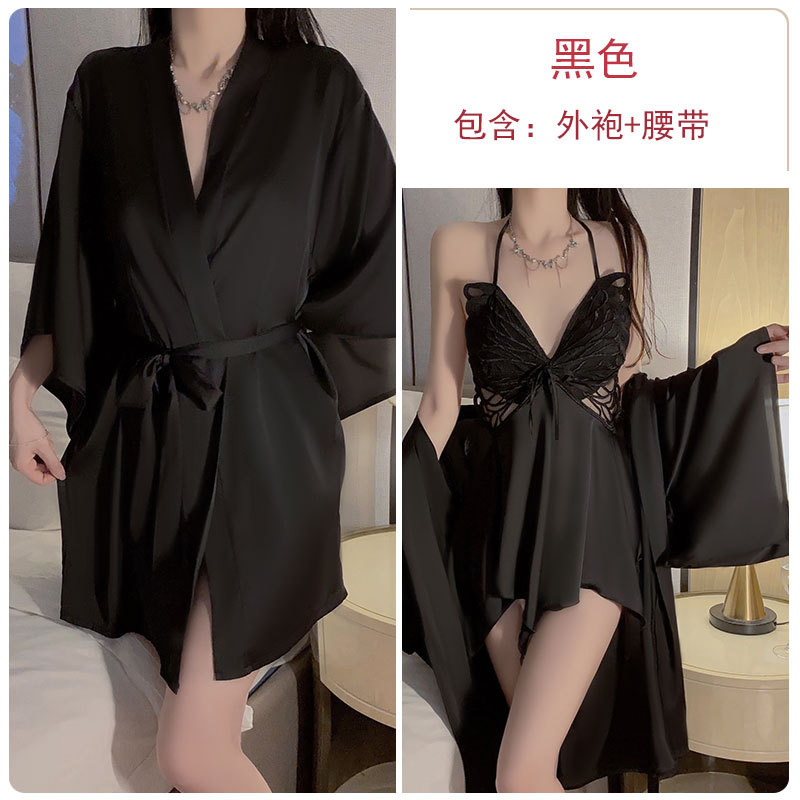 Ruoruo Sexy Underwear Ice Silk Pajamas with Chest Pad Push up Bow Nightdress Outerwear Gown Homewear Suit P3945