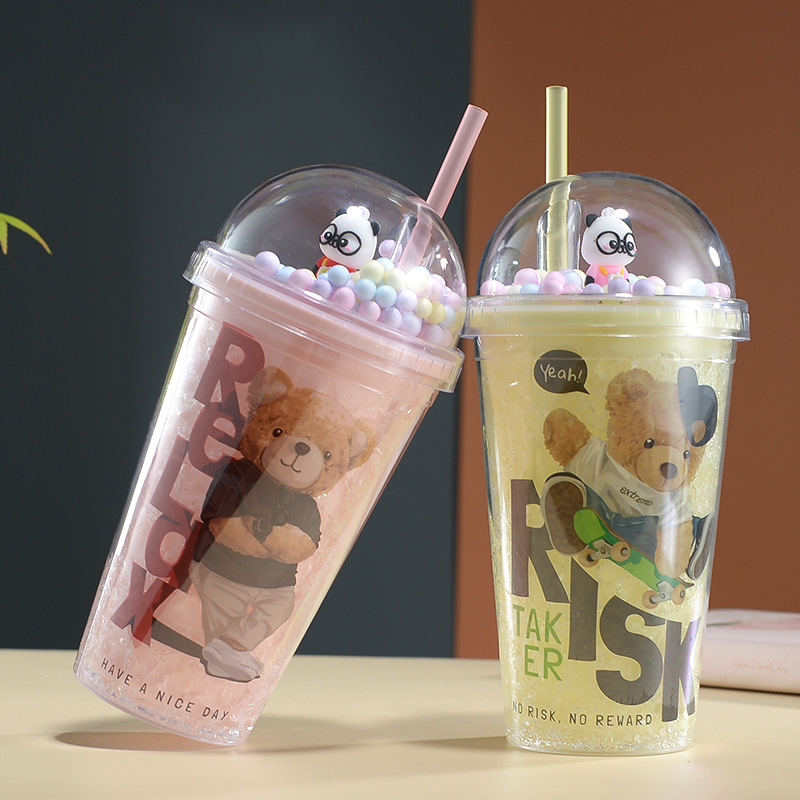 New Creative Bear Double Plastic Straw Cup Good-looking Student Summer Ice Cup Children Cartoon Gift Cup