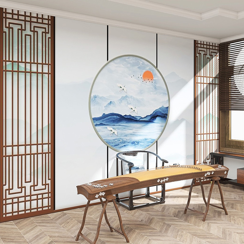 古典中式花鸟图山水屏风墙纸古风拍照背景书房火锅店饭店餐厅壁纸