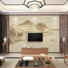 新中式暖黄色大气水墨山水古典意境背景墙纸客厅卧室无缝壁画墙布
