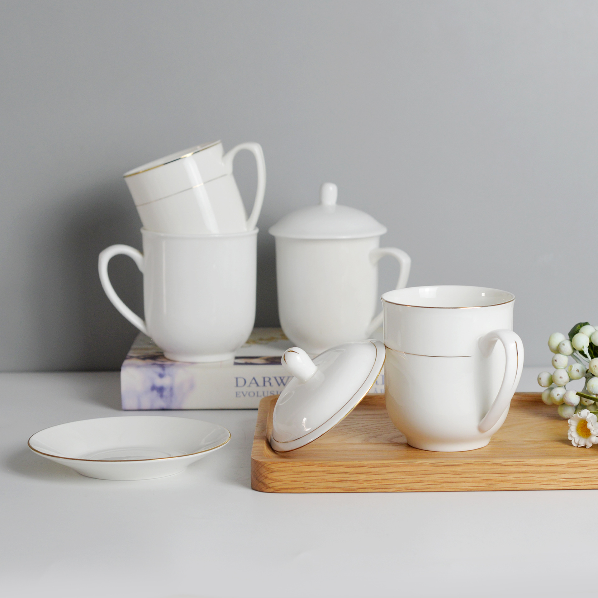 酒店宾馆描金骨瓷盖杯办公室客房陶瓷纯白色茶杯马克杯子印制logo