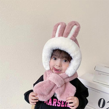 2022冬季兔耳朵儿童帽子围巾一体两件套男女宝宝毛绒保暖围巾帽子