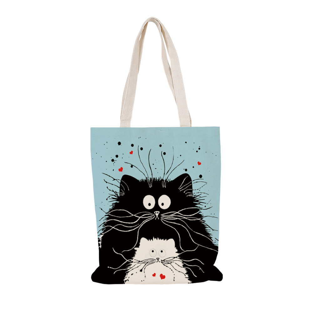 New Black Cat Printed Canvas Bag Handbag Women's Shoulder Bag Beach Bag Large Capacity Shopping Bag Tote