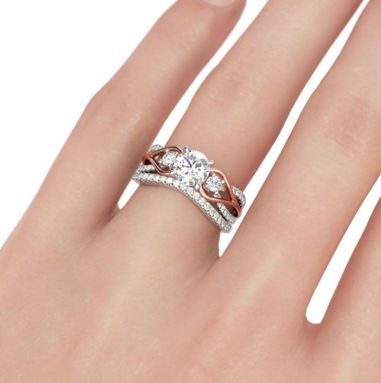 铭菲2021欧美新款简单婚礼订婚锆石钻戒 女士双色创意套戒指