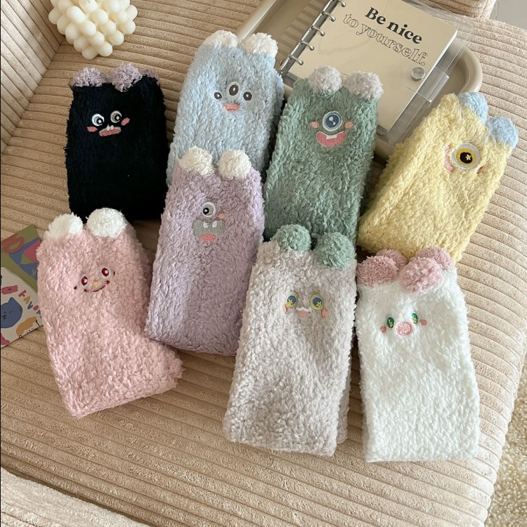 Autumn and Winter New Cartoon Three-Dimensional Ear Embroidery Small Animal Coral Cashmere Socks Home Room Socks Thickened Warm Women's Socks