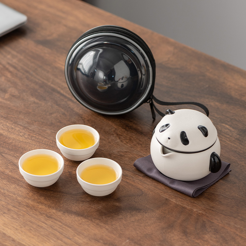 Cute Panda Kung Fu Tea Set Express Customer Travel Portable Ceramic Outdoor Three Cups Gift Box Company Annual Meeting Gifts