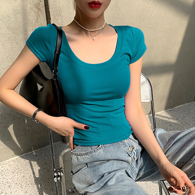 230G Cotton Short-Sleeved T-shirt for Women 2024 Summer New Solid Color round Neck All-Matching Simple Bottoming Shirt Korean Style Women's Clothing