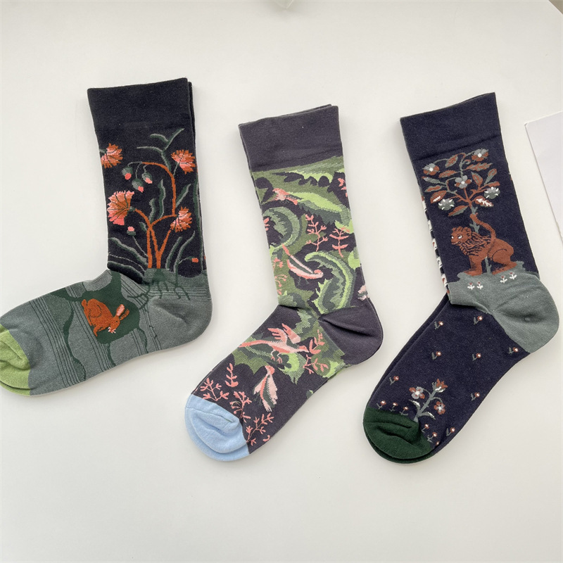 秋冬法式潮牌提花袜子女文艺复古棉质中筒袜小众植物花卉堆堆袜