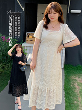 k2369夏季新款方法式方领编织蕾丝棉质连衣裙胖妹妹大码女装