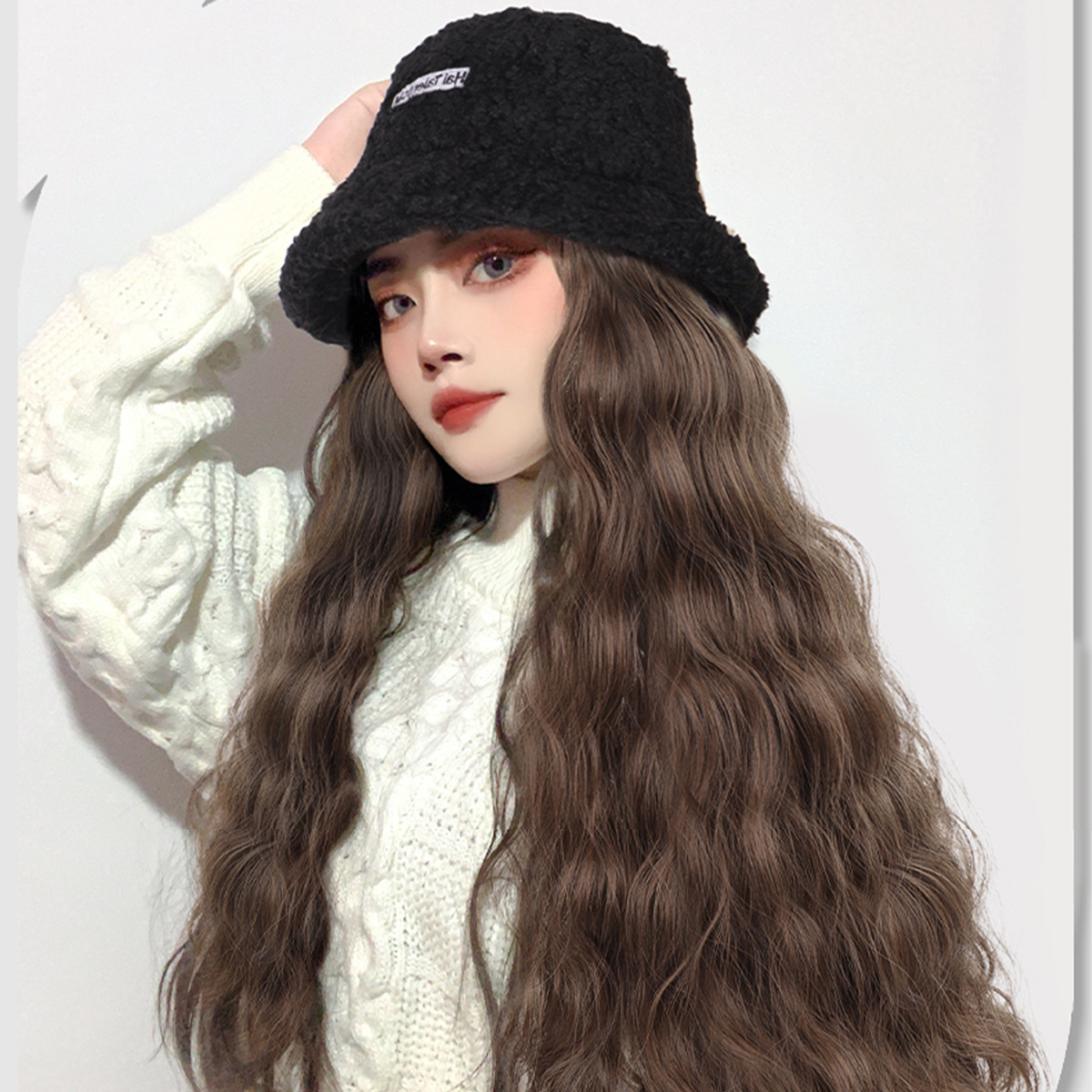 假发帽子女韩版潮秋冬网红时尚羊羔毛渔夫帽假发女长卷发现货现发