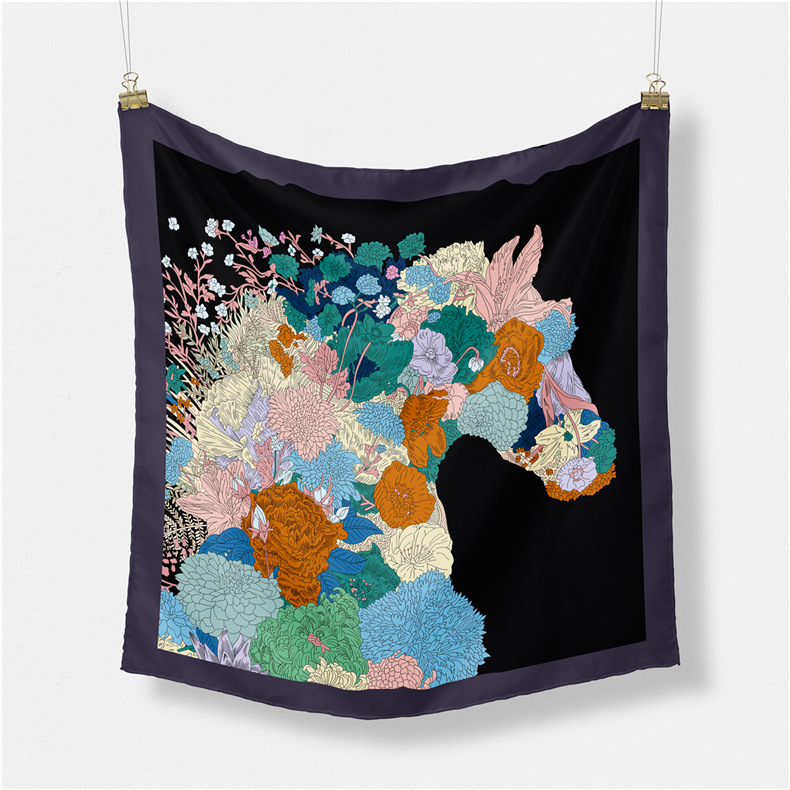 53*53 Small Square Towel Nordic Colorful Horse Imitated Silk Scarves Women's Cross-Border Foreign Trade Sunscreen Kerchief Neckerchief Shawl