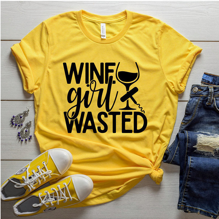 wine girl wasted字母t欧美潮流街头英文短袖t恤