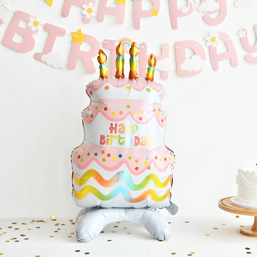 New Standing Birthday Cake Aluminum Balloon Children Full-Year Birthday Party Cartoon Decoration Scene Photo Props