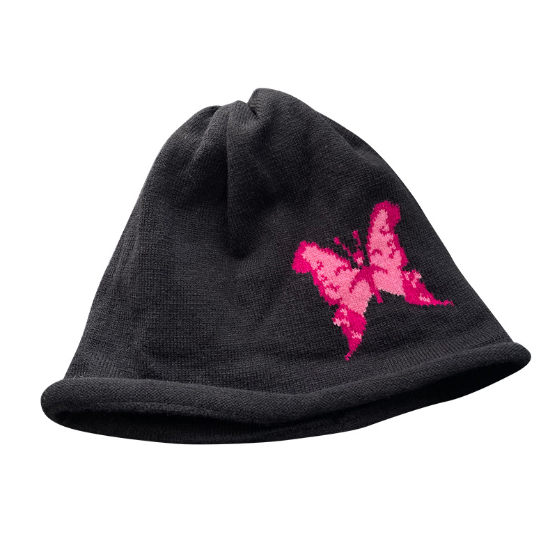 Ins Butterfly Retro Large Version Head-Wrapping Hat Women's Autumn and Winter Warm Personalized Ear Protection Pile Style Beanie Hat Maillard Knitted