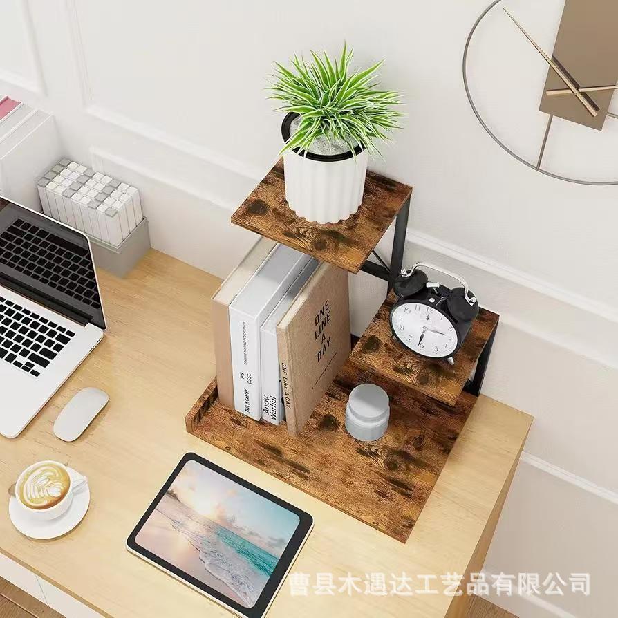 跨境木质桌面置物架电脑桌旁多层杂物收纳架桌面小花架书架展示架