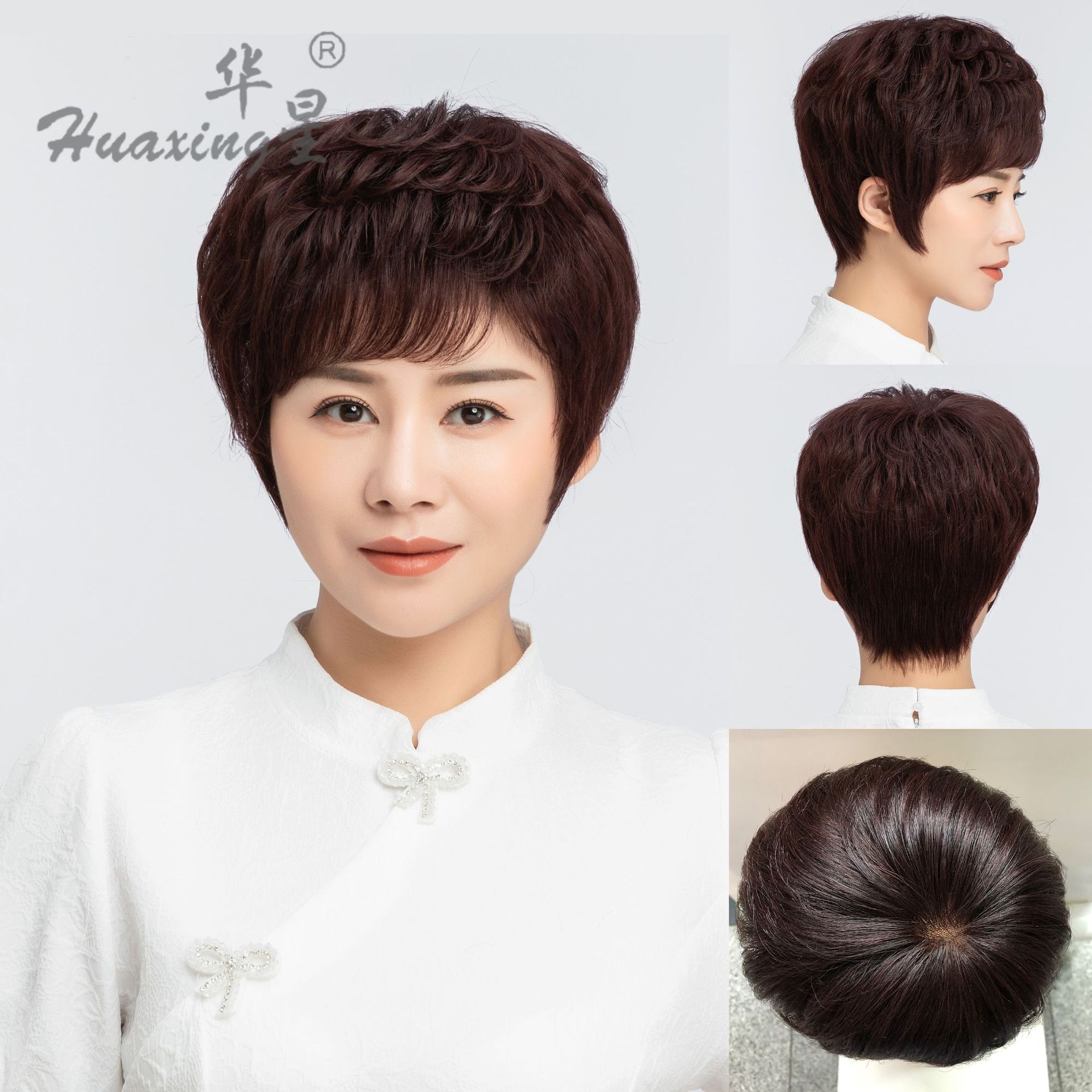 女式款真人发丝手织头顶心中老年女士短卷发假发全头套直销