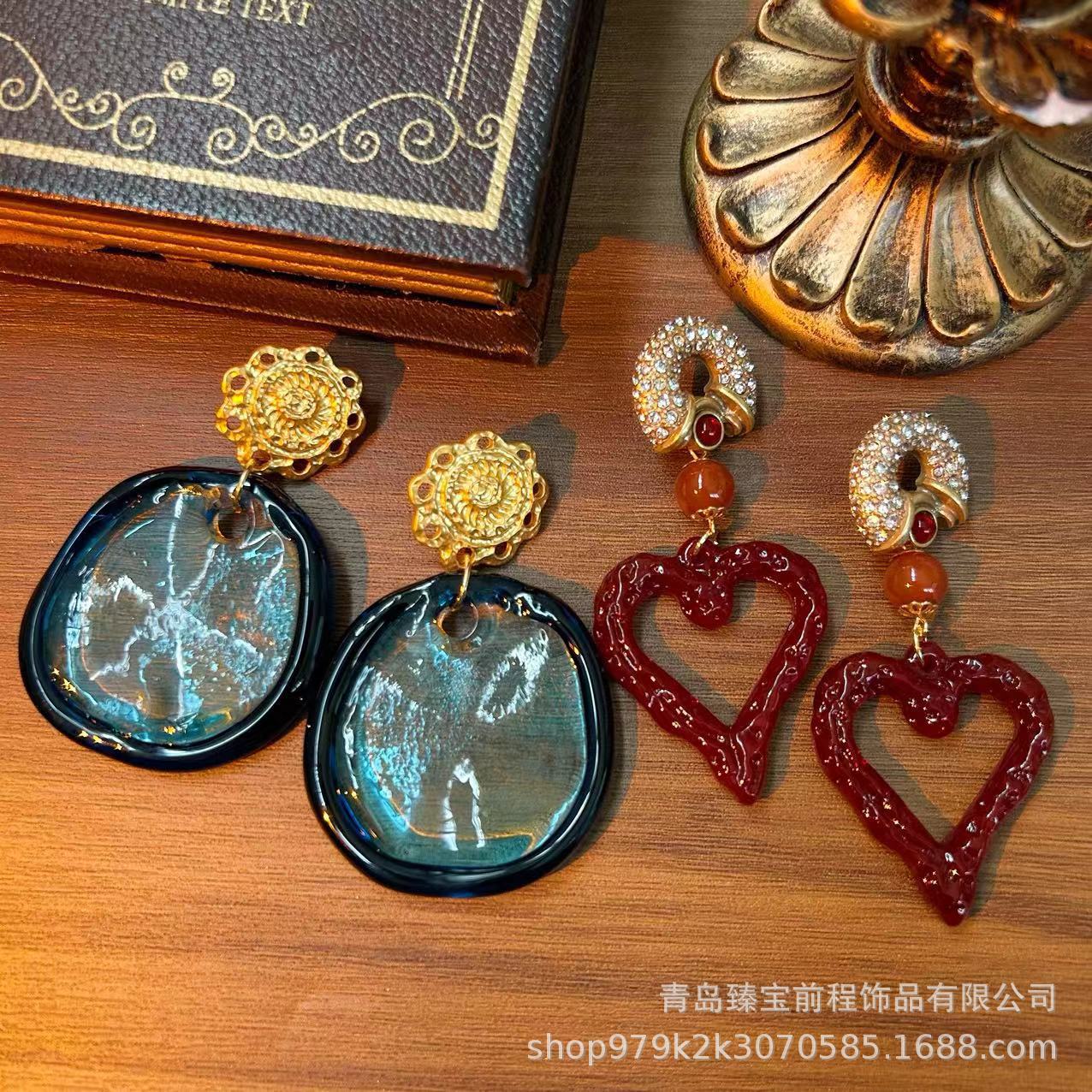 西洋爱心琉璃古董耳钉 欧美夸张重工中古vintage复古撞色高定耳环