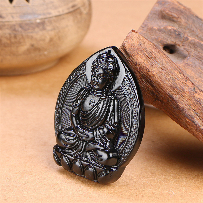 黑曜石释迦牟尼吊坠卍字药师佛像天然水晶挂坠男女情侣通用项链