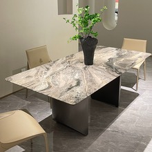 进口威尼斯棕天然大理石餐桌现代简约家用饭厅长方形奢石吃饭桌子