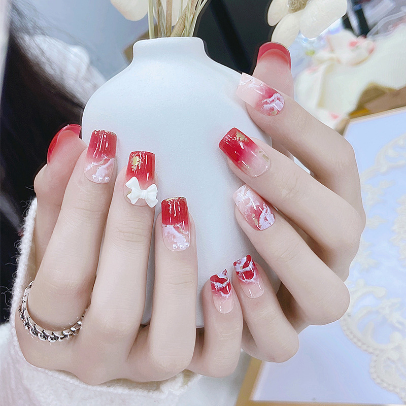 网红同款正红色法式渐变白色晕染中式婚礼穿戴甲立体钻穿戴甲成品