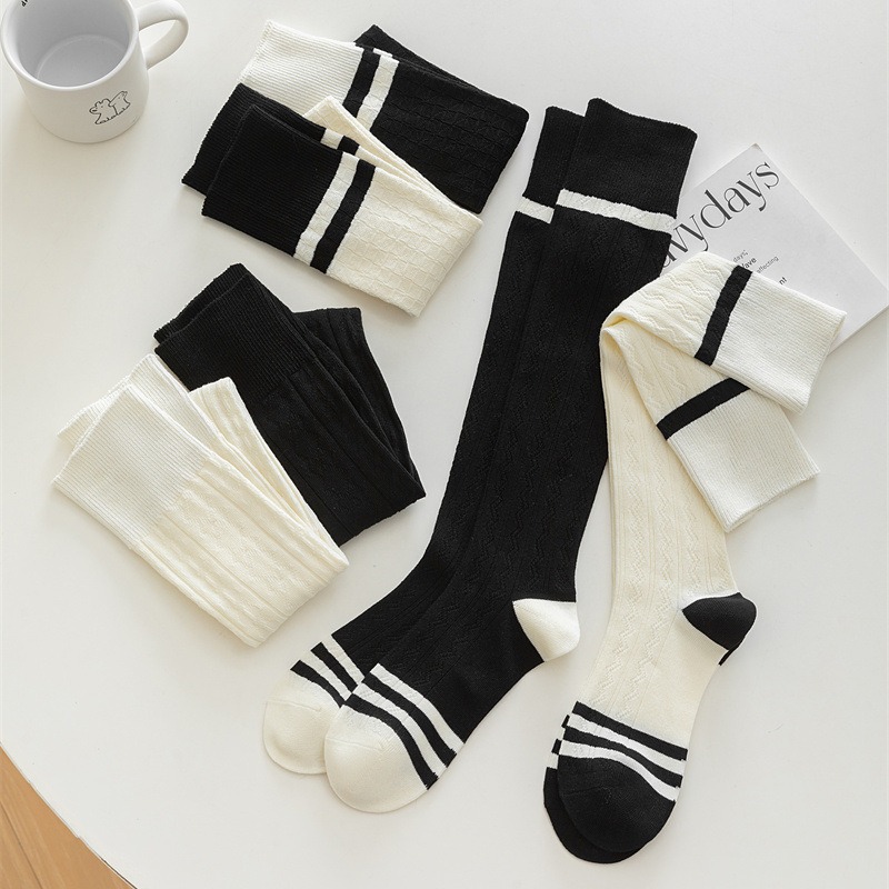 袜子女春秋外穿黑白条纹小腿袜ins潮日系jk风双针女袜长筒袜棉袜