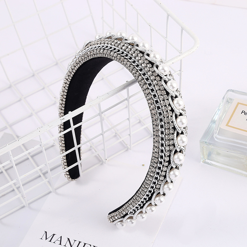 Korean Style Fashionable Pearl Headband Vintage Rhinestone Wave Headband Baroque Full Diamond Hair Tie Thin Edges Handmade Beaded Headband