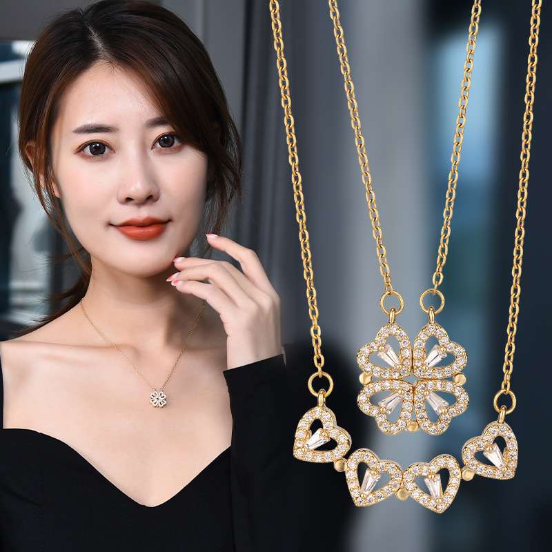 New One Style for Dual-Wear Heart-to-Heart Women's Open and Close Clover Necklace Fashion Love Foldable Creative Clavicle Chain Wholesale
