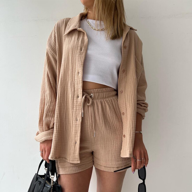 European and American Women's Clothing Two-Piece Set Champray Lapel Long Sleeve Shirt High Waist Drawstring Shorts plus Size Fashion Casual Set