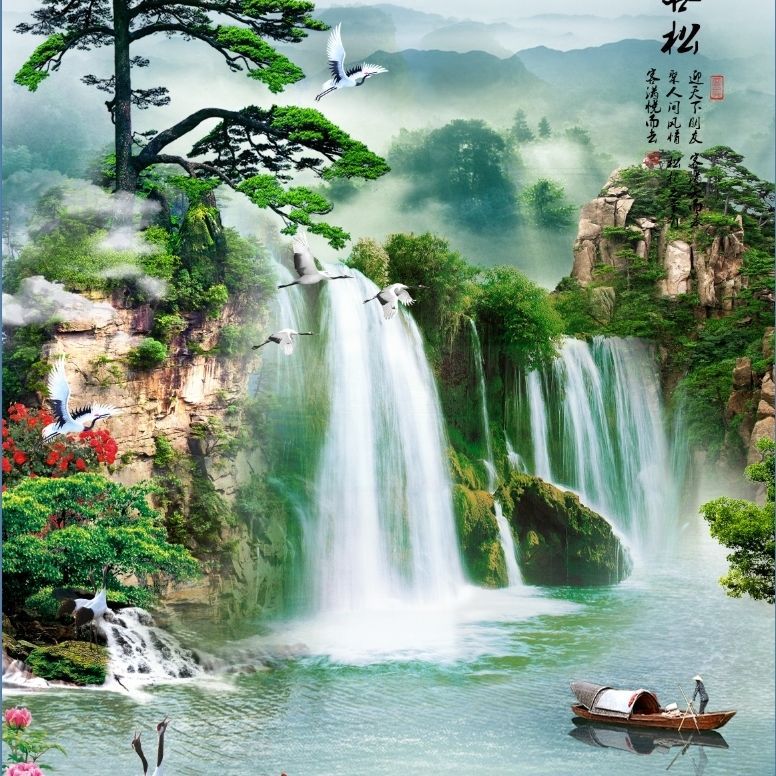 影壁墙户外瓷砖背景墙壁画迎门墙迎客松流水生财山水风景画