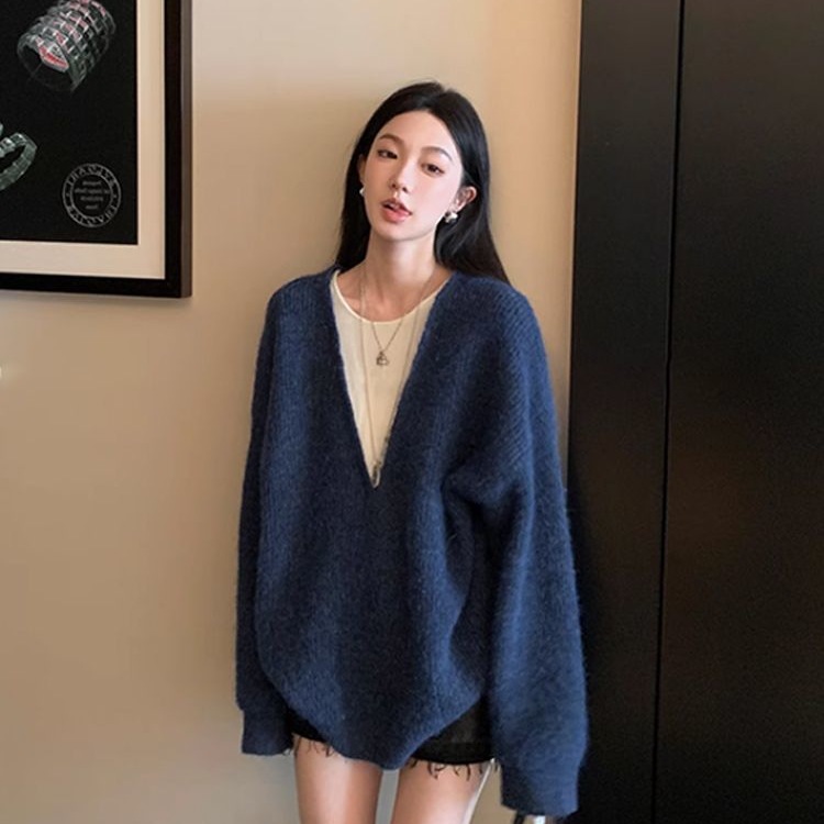 假两件圆领毛衣女秋冬新款韩版宽松慵懒风软糯套头打底针织衫上衣