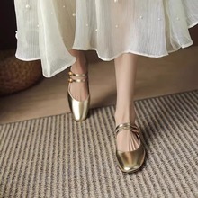 银色一字带玛丽珍鞋女2024新款夏法式低跟复古平底芭蕾舞单鞋