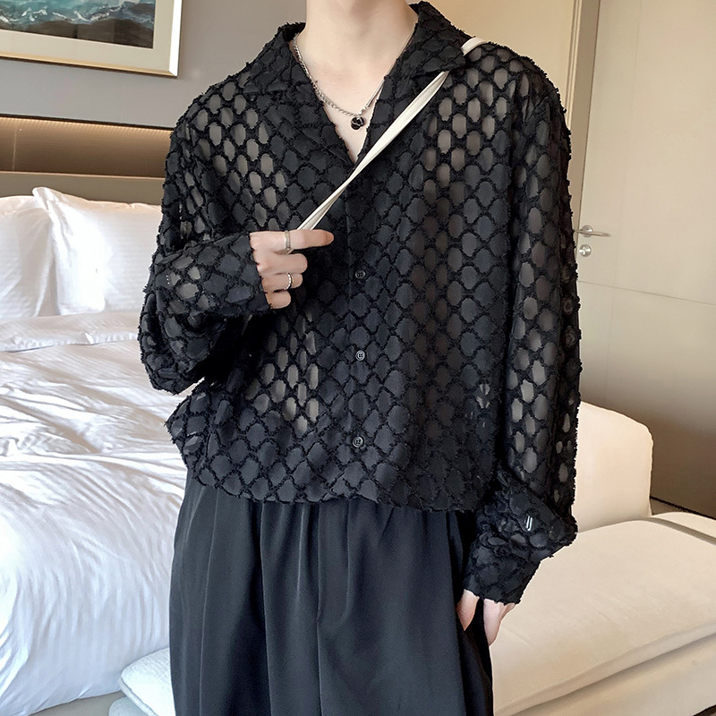 Spring and Autumn Young Abstinence Special-Interest Design Hollow-out Long-Sleeved Shirt Men's Korean-Style Ruan Handsome Drape Very Fairy Hairdresser Shirt