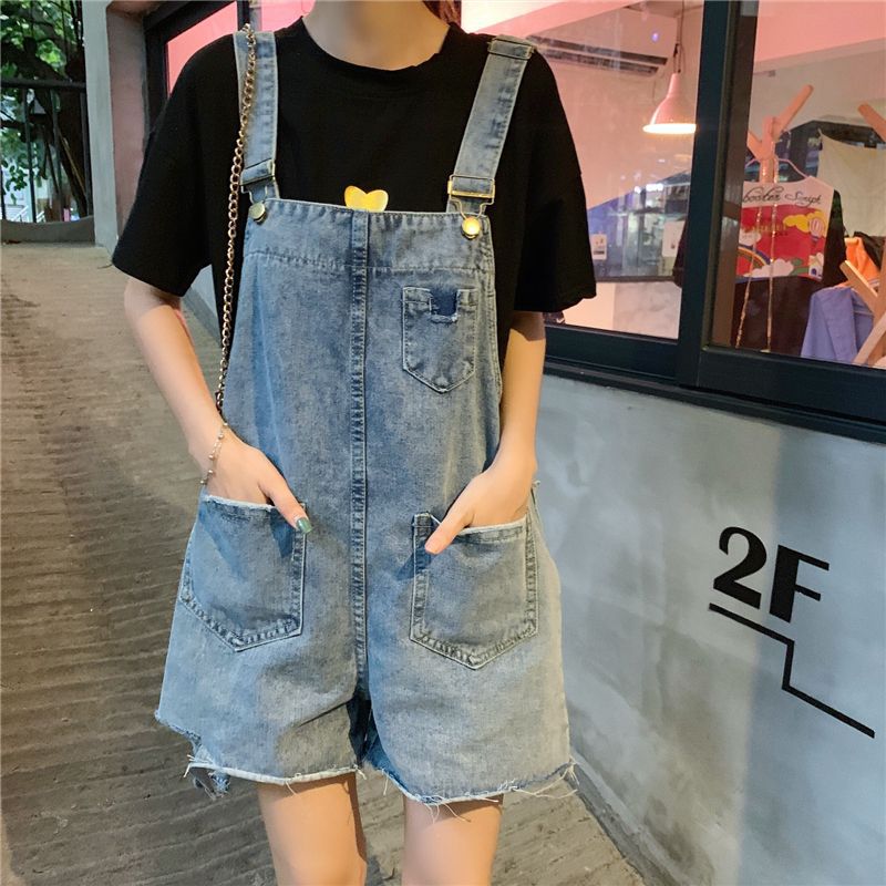 牛仔背带短裤女夏季新款学生减龄韩版宽松秋装矮个子显瘦吊带裤