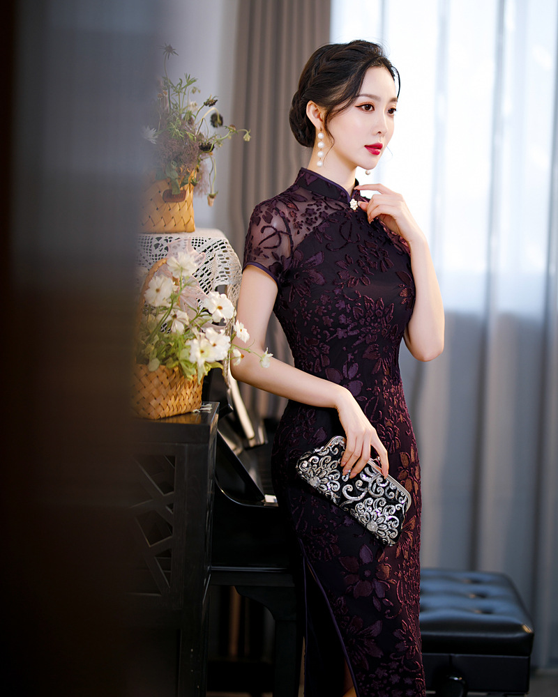 长款植绒旗袍中国风2022春新款短袖时尚宴会名媛改良旗袍连衣裙