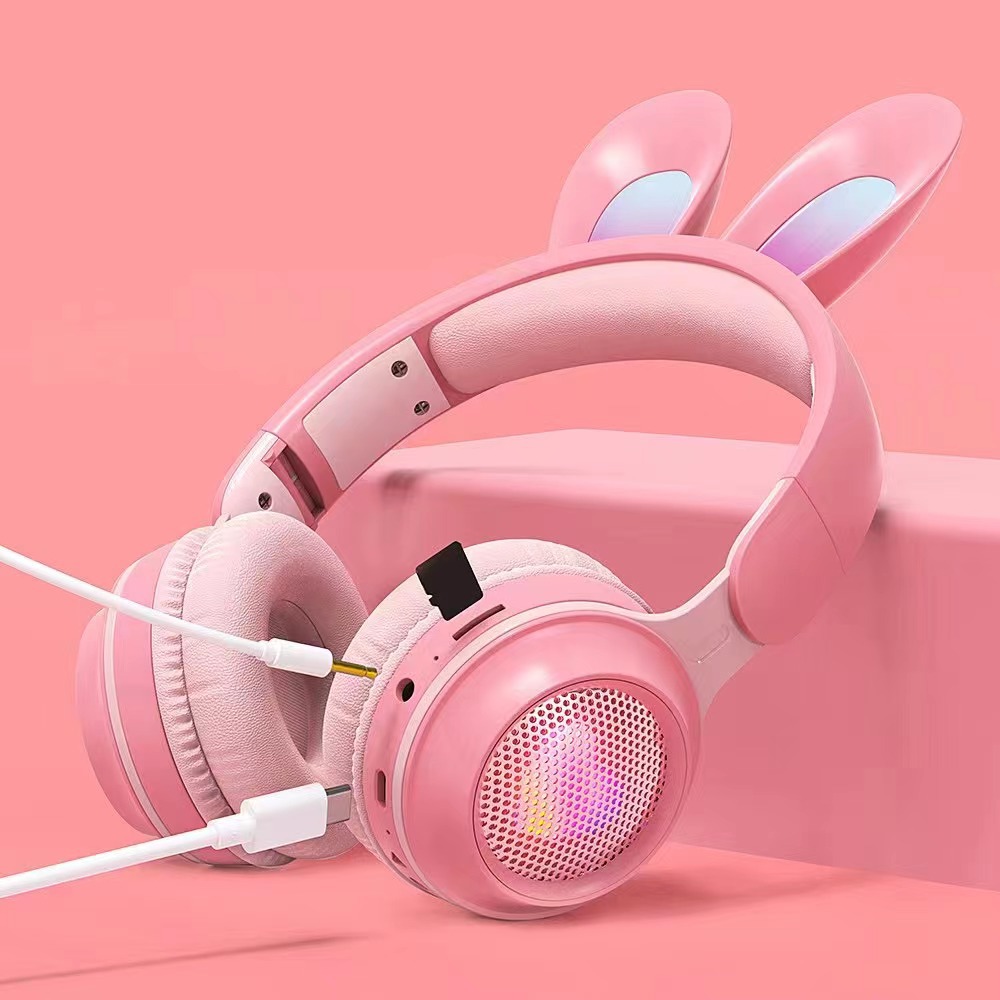 新款跨境兔耳发光可插卡折叠头戴式无线蓝牙耳机卡通可爱男女通用