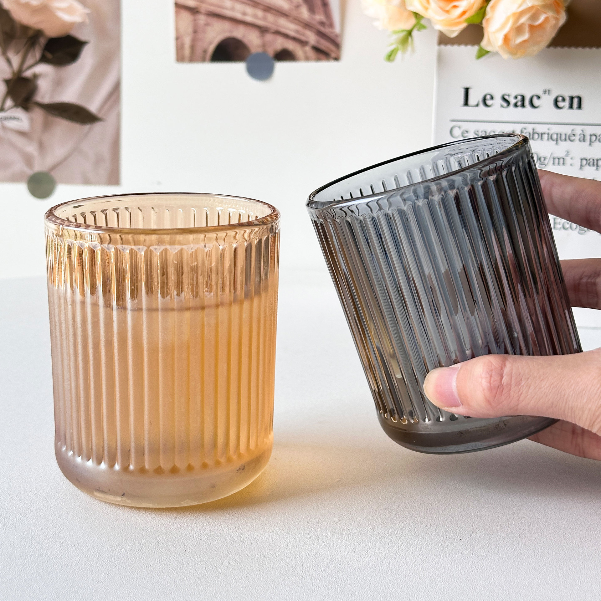 简约竖纹条纹透明玻璃杯酒店民宿刷牙杯漱口杯家用咖啡杯喝水杯子