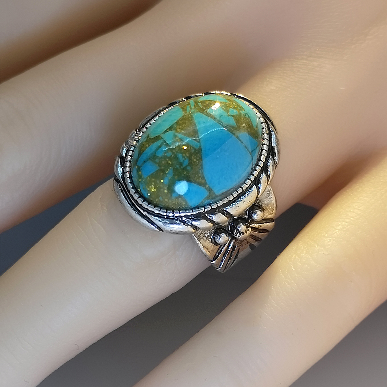 荣钰新款欧美创意雕花龙晶绿松石戒指 跨境电商复古镀925戒指批发