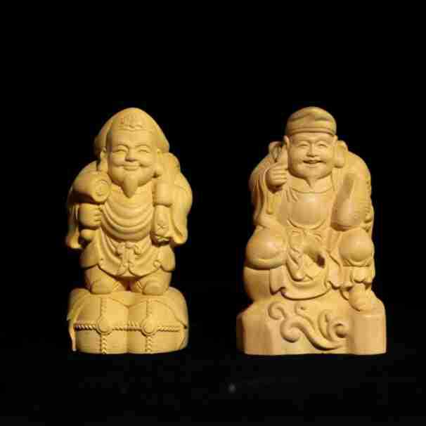 黄杨木雕刻日本双财神大黑天惠比寿财神爷开运招福之神工艺品摆件