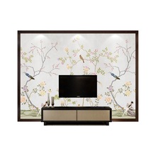 新中式影视墙壁纸 客厅卧室电视背景墙 花鸟壁画轻奢墙纸美式墙布