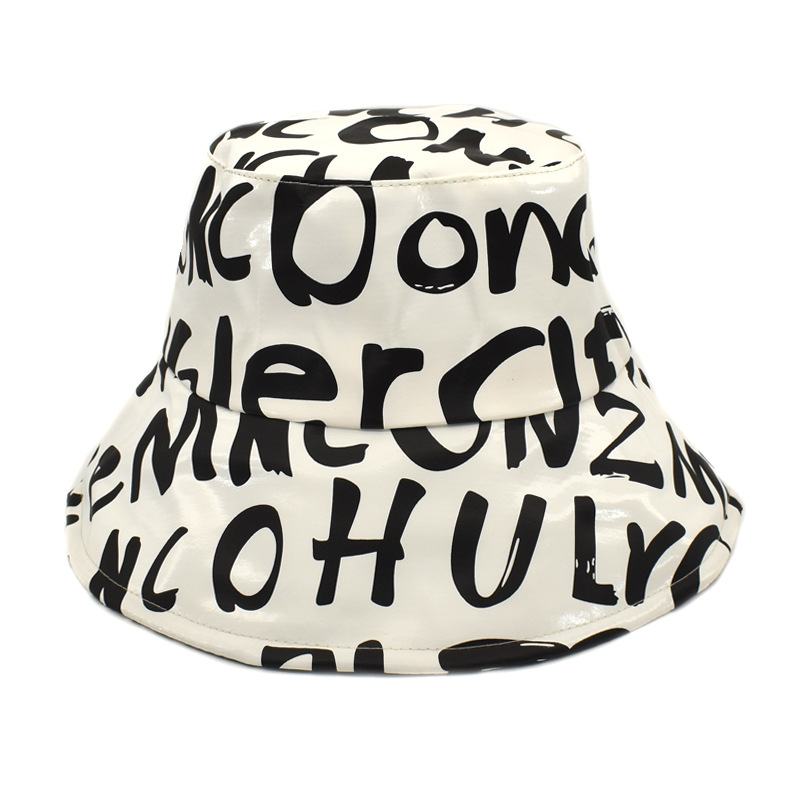 Korean Hat Female Online Influencer Spring Summer Trendy Letter Pu Bright Leather Bucket Hat Male Outdoor Leisure All-Match Leather Hat Bucket Hat