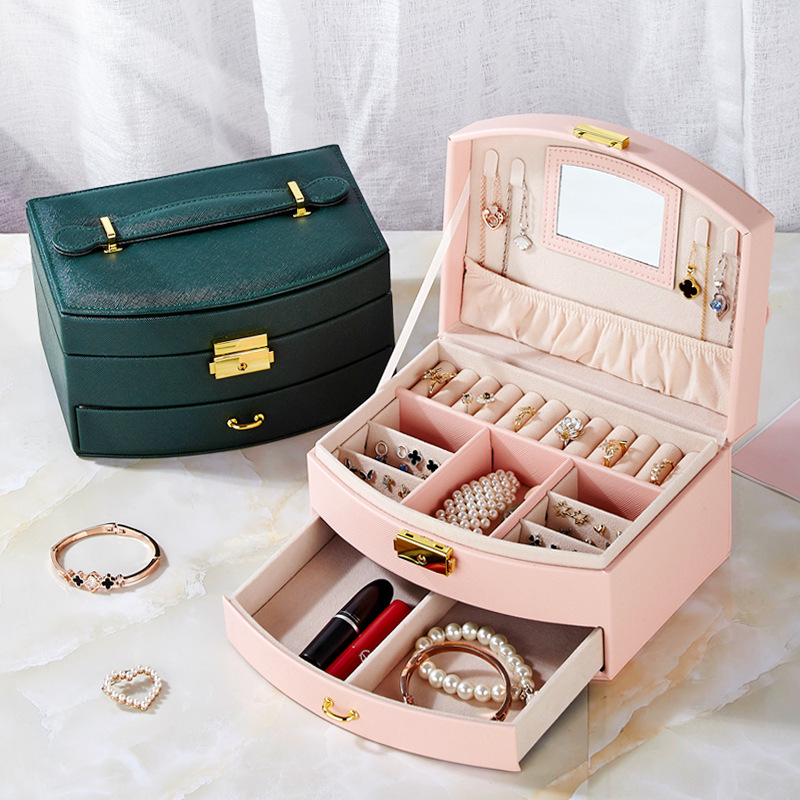 Cross-Border Jewelry Box Fan-Shaped Leather Double Drawer Ring Necklace with Lock Ear Rings Jewelry Jewelry Storage Box