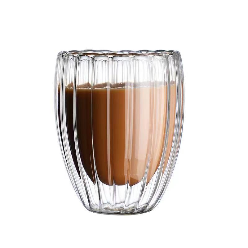 Egg-Shaped Stripes Double Layer Glass Cup Transparent Borosilicate Glass Milk Cup Household Coffee Cup Simple Drinking Cup