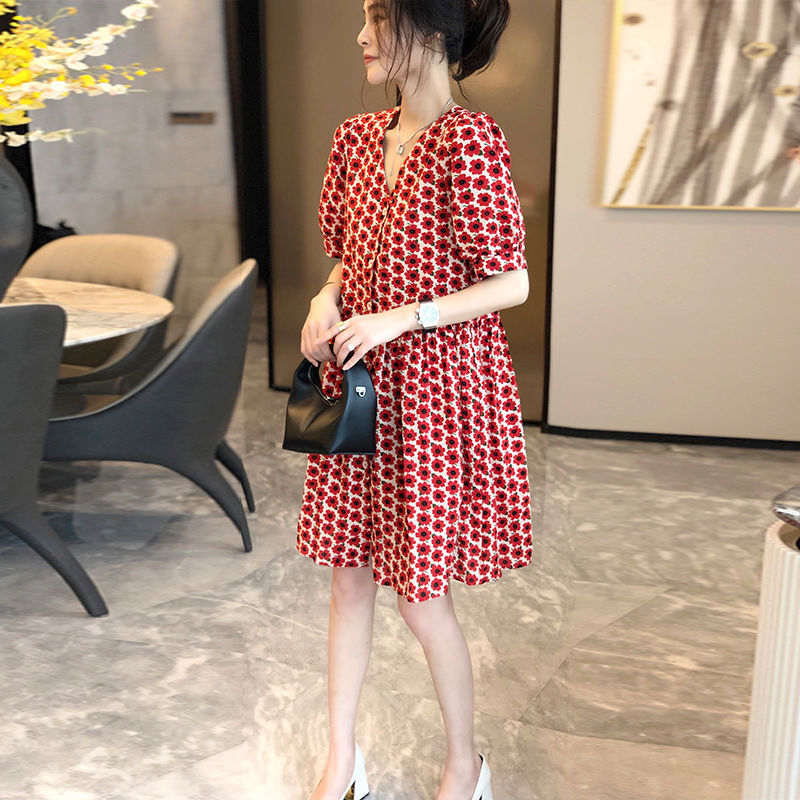 Western Style Youthful-Looking Floral Dress Women's Summer Red New Style Puff Sleeve Graceful Collar-Word Skirt Women's Fashion