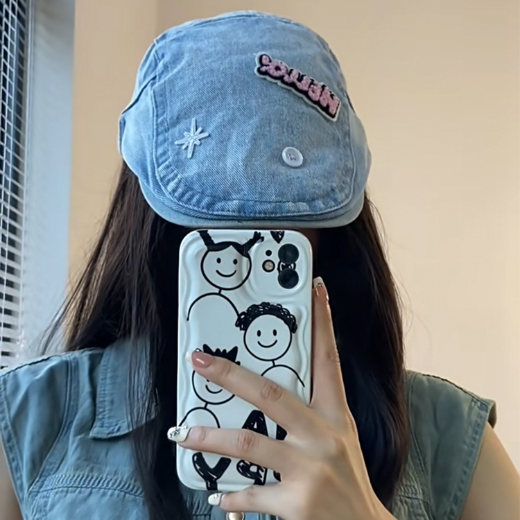 Early Autumn New Denim Advance Hats Women's Ins Korean Style Try Niche Button Patch Retro Easy Matching Peaked Cap